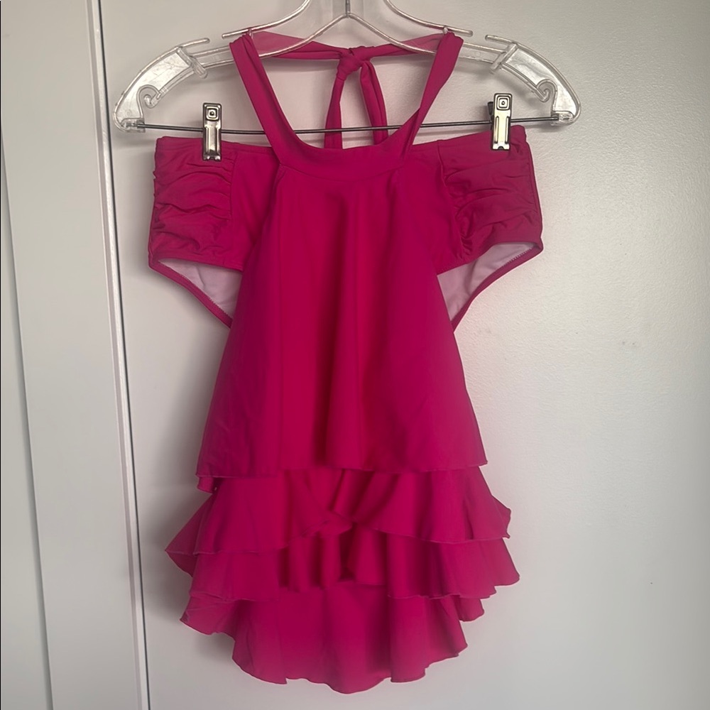 Pink Ruffled High Neck Two piece Bathing Suit